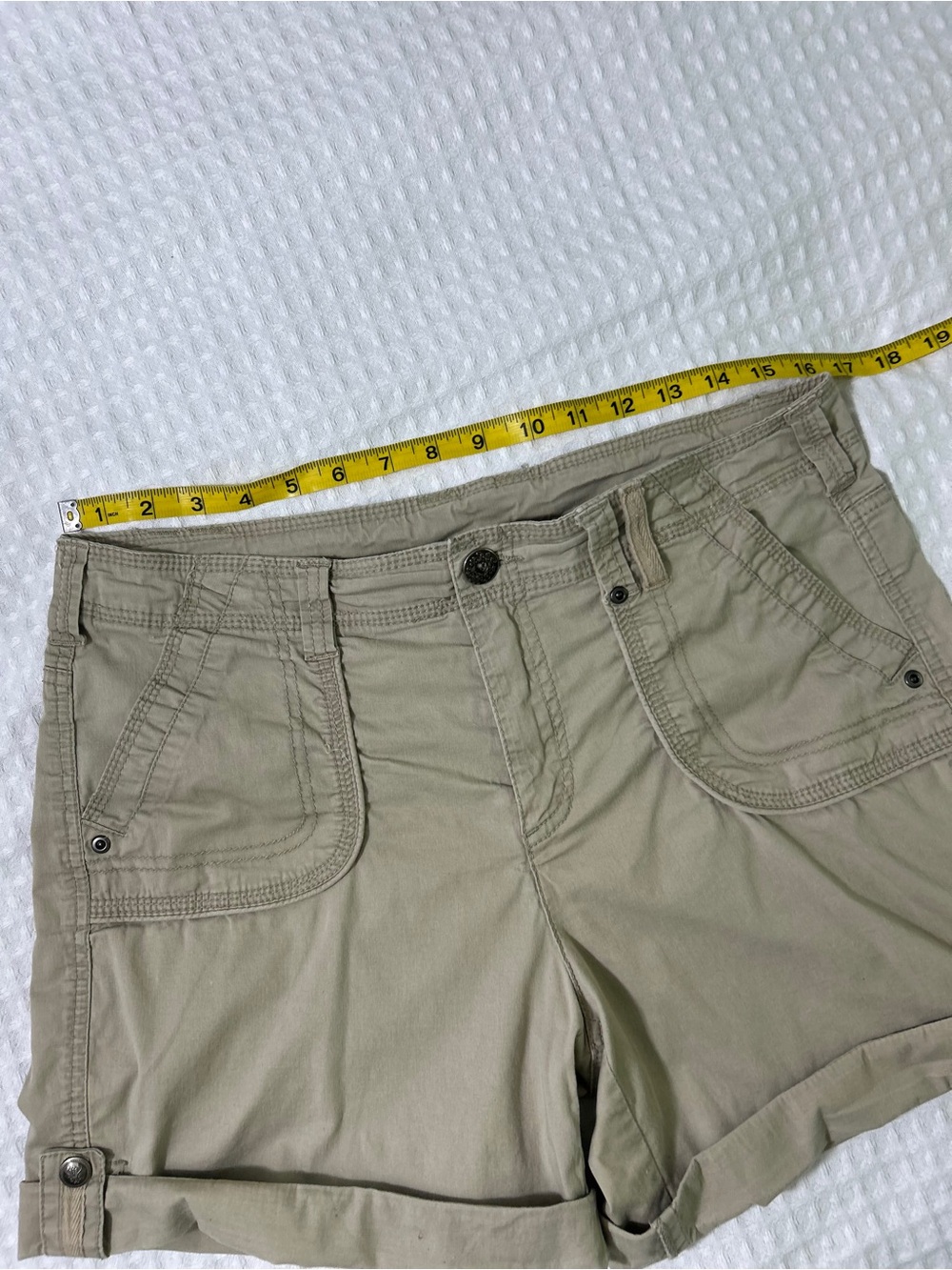 Roll-Cuff Cotton Jean Shorts in Khaki - Women's - Picture 3 of 13